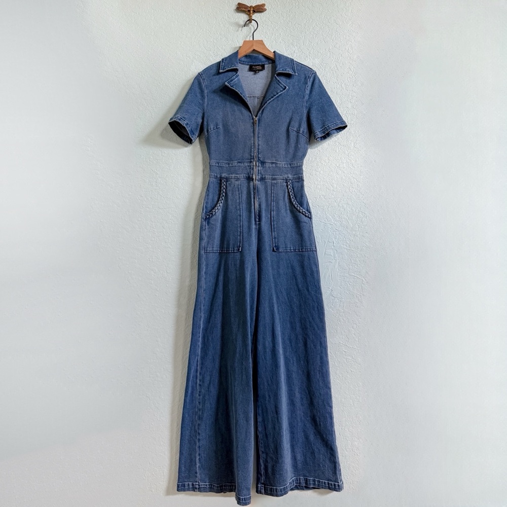 NWOT•Flying Tomato•Retro Denim Jumpsuit•Wide Leg•Medium Wash